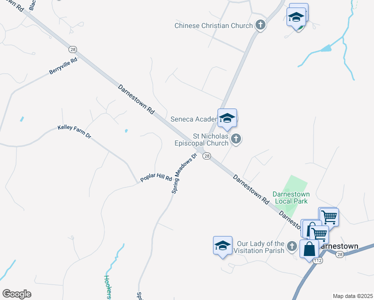 map of restaurants, bars, coffee shops, grocery stores, and more near 15412 Spring Meadows Drive in Darnestown