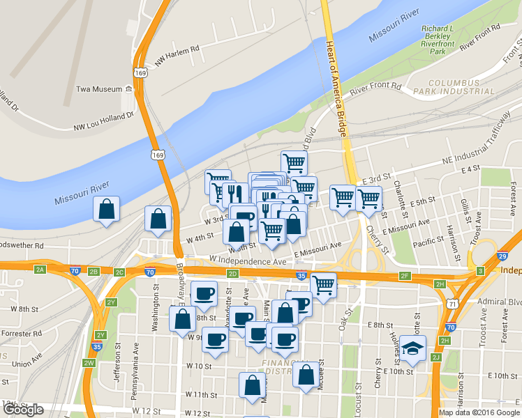 map of restaurants, bars, coffee shops, grocery stores, and more near Main St & W 3rd St in Kansas City