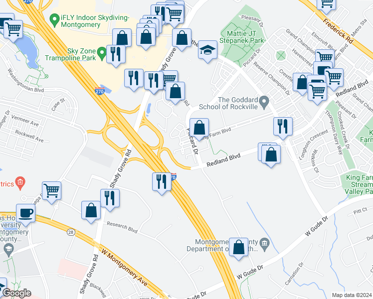 map of restaurants, bars, coffee shops, grocery stores, and more near 926 King Farm Boulevard in Rockville