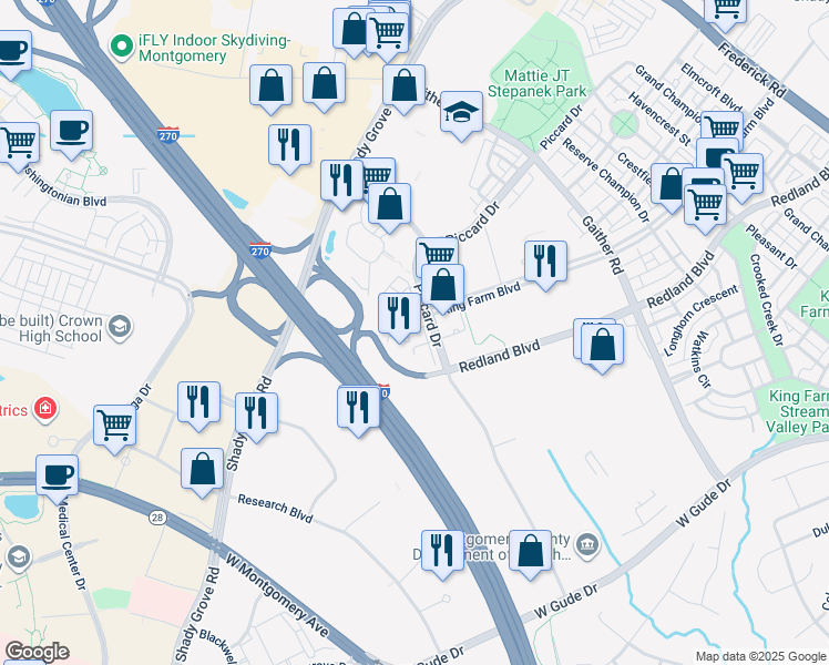 map of restaurants, bars, coffee shops, grocery stores, and more near 926 King Farm Boulevard in Rockville