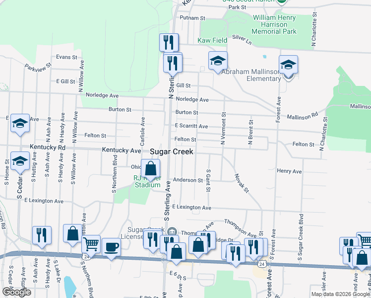 map of restaurants, bars, coffee shops, grocery stores, and more near 11220 Kentucky Avenue in Sugar Creek