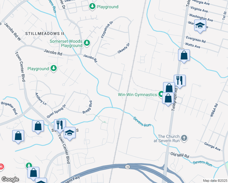map of restaurants, bars, coffee shops, grocery stores, and more near 8720 Crest Road in Severn