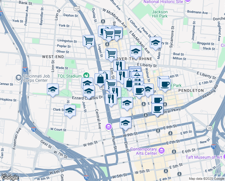 map of restaurants, bars, coffee shops, grocery stores, and more near 1243 Elm Street in Cincinnati