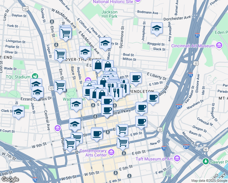 map of restaurants, bars, coffee shops, grocery stores, and more near 1206 Main Street in Cincinnati