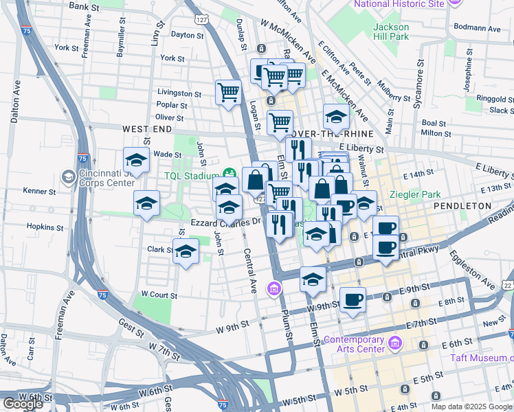 map of restaurants, bars, coffee shops, grocery stores, and more near in Cincinnati