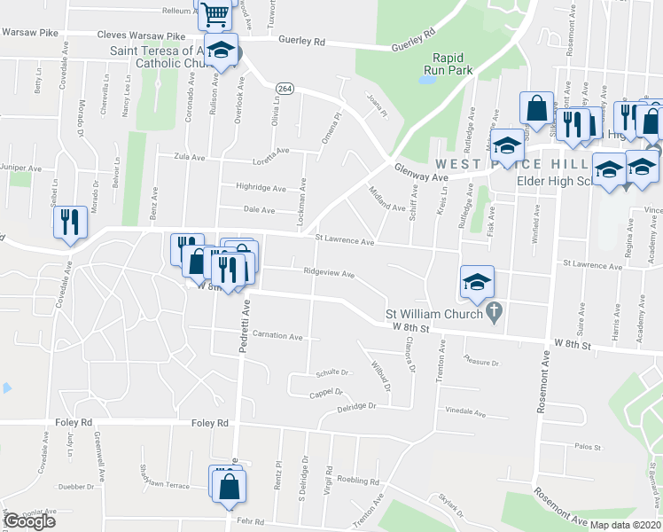 map of restaurants, bars, coffee shops, grocery stores, and more near 4359 Ridgeview Avenue in Cincinnati