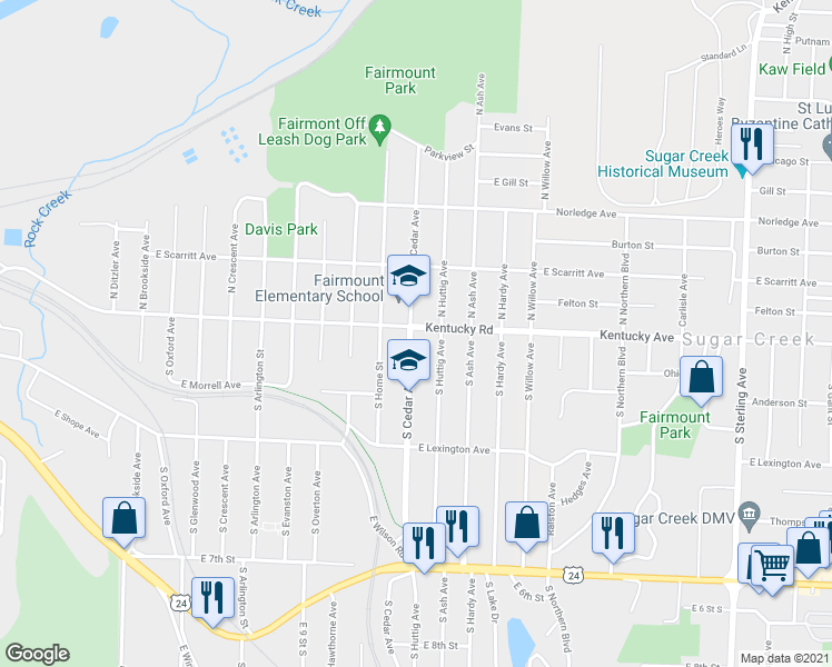 map of restaurants, bars, coffee shops, grocery stores, and more near 116 South Cedar Avenue in Independence