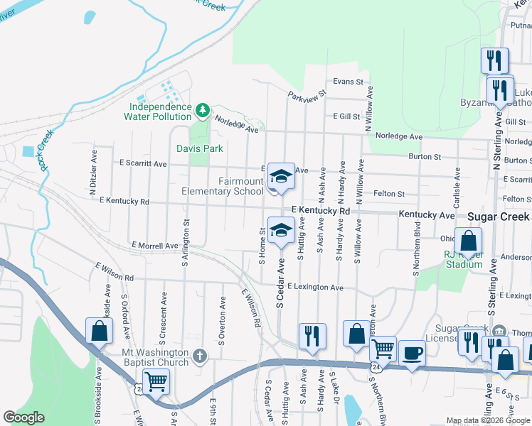 map of restaurants, bars, coffee shops, grocery stores, and more near 116 South Cedar Avenue in Independence