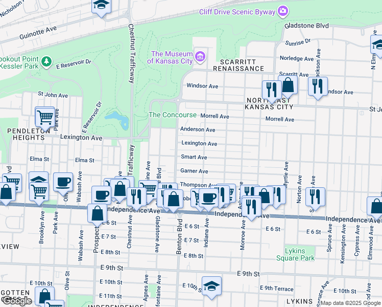 map of restaurants, bars, coffee shops, grocery stores, and more near 3219 Smart Avenue in Kansas City