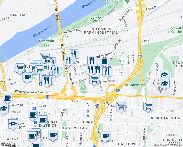 map of restaurants, bars, coffee shops, grocery stores, and more near 518 Campbell Street in Kansas City