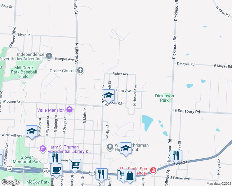 map of restaurants, bars, coffee shops, grocery stores, and more near 1612 North Dodgion Street in Independence
