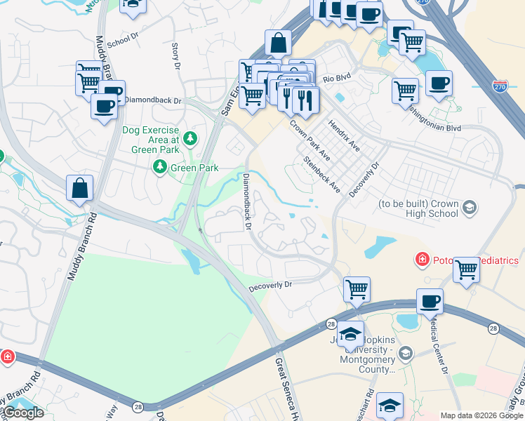 map of restaurants, bars, coffee shops, grocery stores, and more near 15306 Diamond Cove Terrace in Rockville