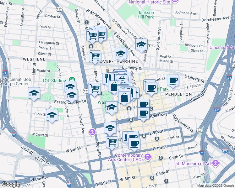 map of restaurants, bars, coffee shops, grocery stores, and more near 18 West 13th Street in Cincinnati