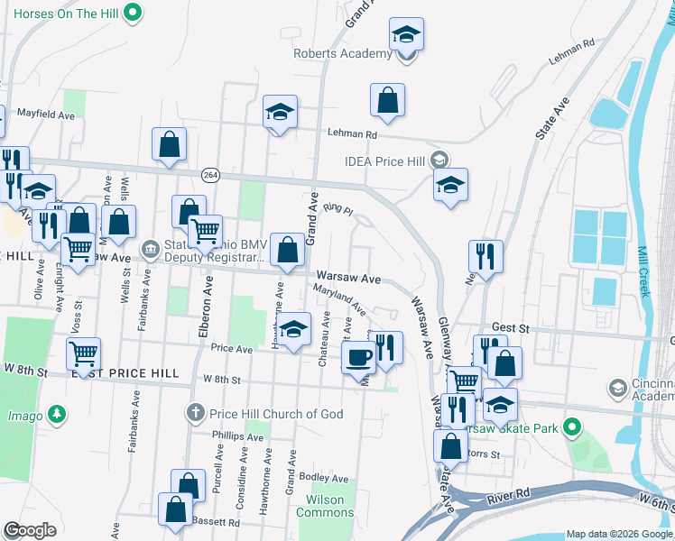 map of restaurants, bars, coffee shops, grocery stores, and more near 2811 Warsaw Avenue in Cincinnati