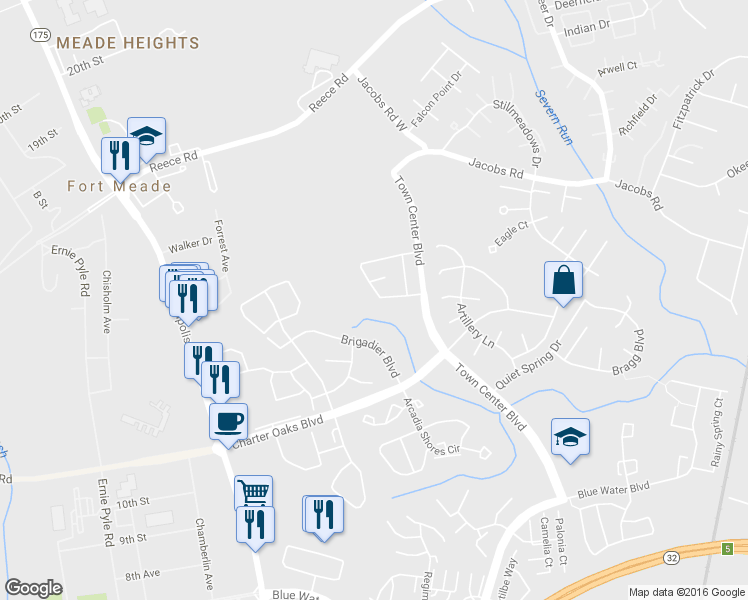 map of restaurants, bars, coffee shops, grocery stores, and more near 136 Pinecove Avenue in Odenton