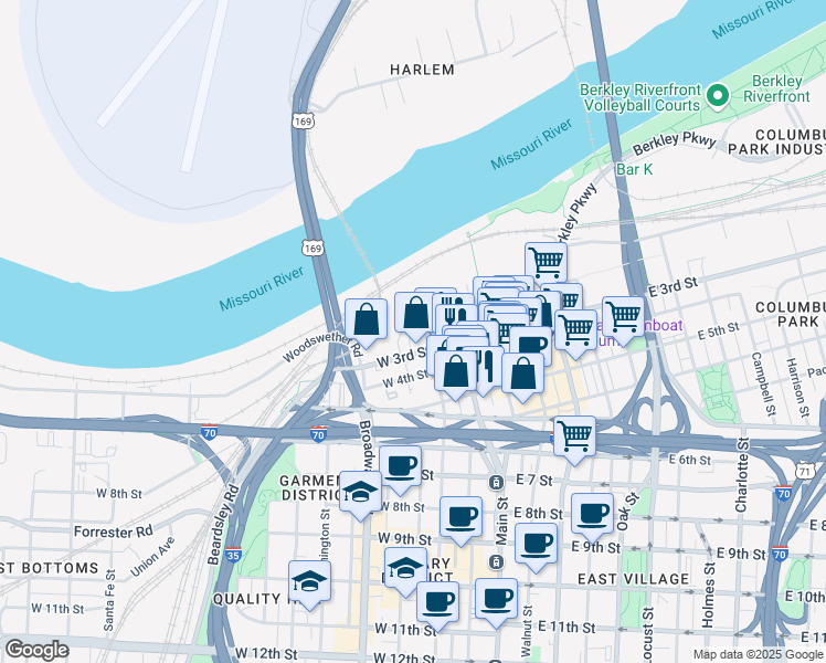 map of restaurants, bars, coffee shops, grocery stores, and more near 250 West 2nd Street in Kansas City