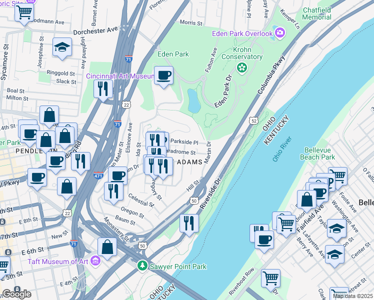 map of restaurants, bars, coffee shops, grocery stores, and more near 1002 Paradrome Street in Cincinnati