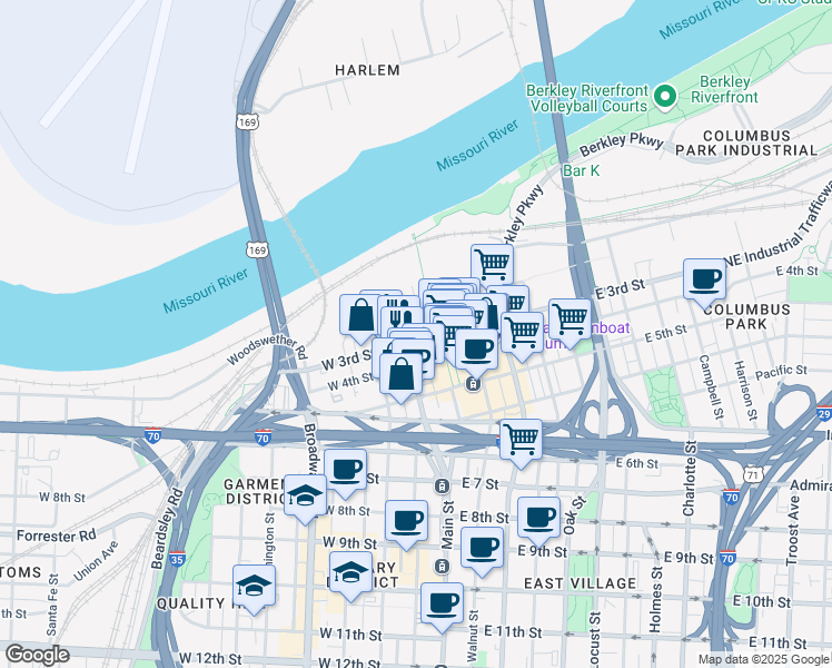map of restaurants, bars, coffee shops, grocery stores, and more near 303 Delaware Street in Kansas City