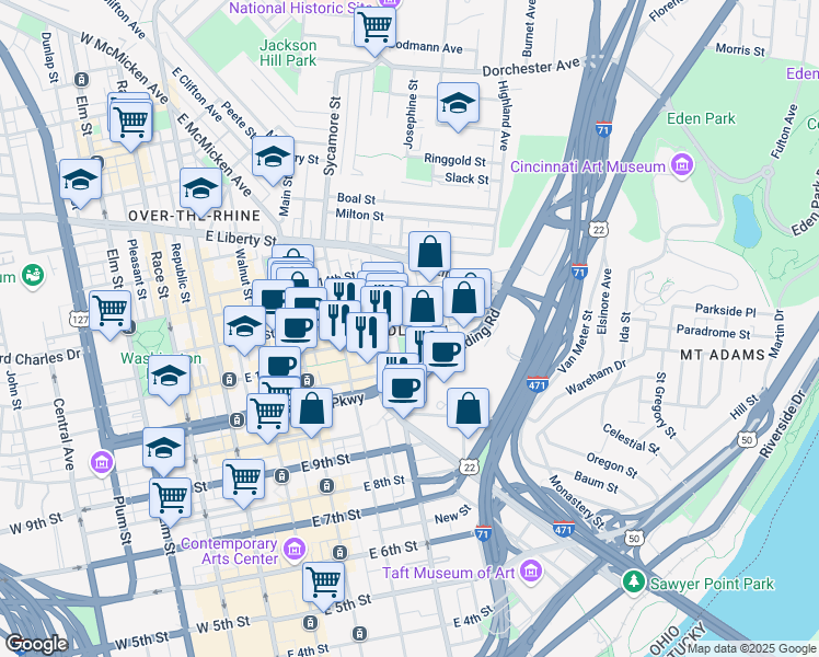 map of restaurants, bars, coffee shops, grocery stores, and more near 444 Reading Road in Cincinnati