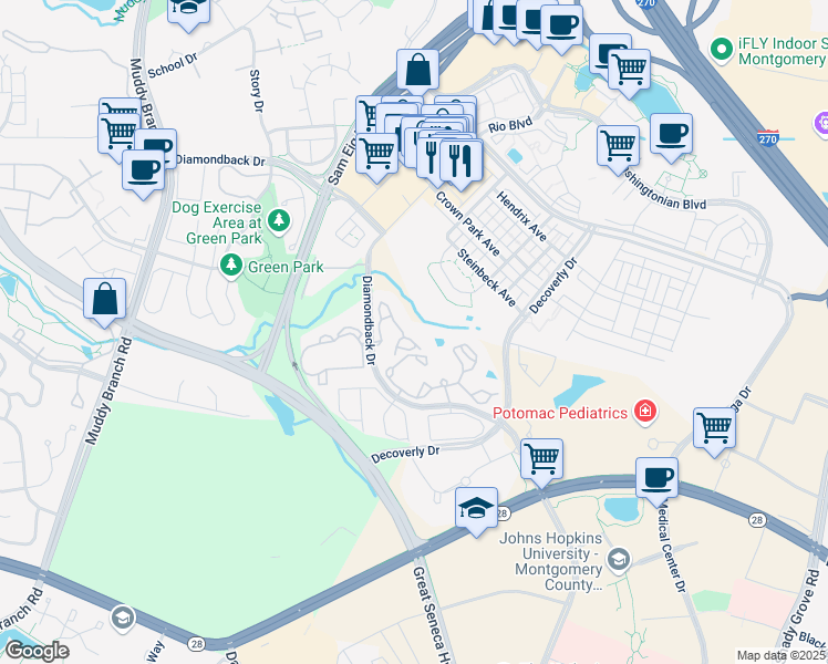 map of restaurants, bars, coffee shops, grocery stores, and more near 15305 Diamond Cove Terrace in Rockville