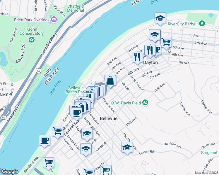 map of restaurants, bars, coffee shops, grocery stores, and more near 132 6th Avenue in Dayton