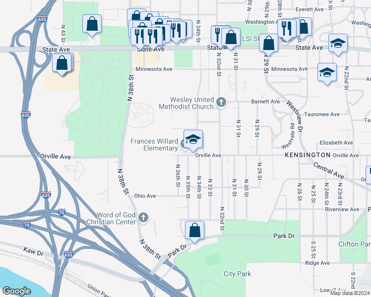 map of restaurants, bars, coffee shops, grocery stores, and more near 3400 Orville Avenue in Kansas City