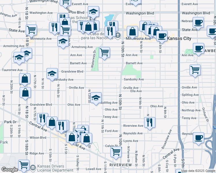 map of restaurants, bars, coffee shops, grocery stores, and more near 1040 Orville Avenue in Kansas City