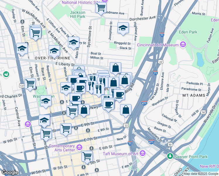 map of restaurants, bars, coffee shops, grocery stores, and more near 1202 Spring Street in Cincinnati