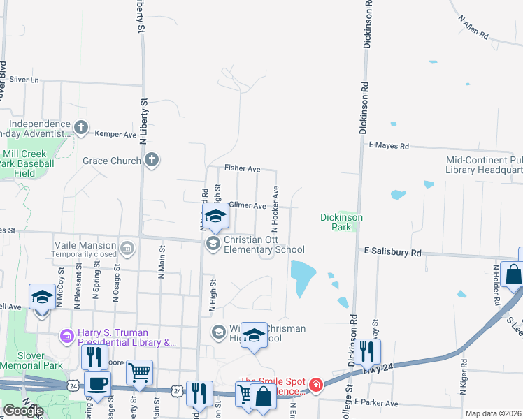 map of restaurants, bars, coffee shops, grocery stores, and more near 1614 North Hocker Avenue in Independence
