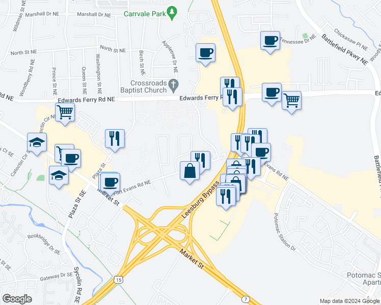 map of restaurants, bars, coffee shops, grocery stores, and more near 189 Cedar Walk Circle Northeast in Leesburg