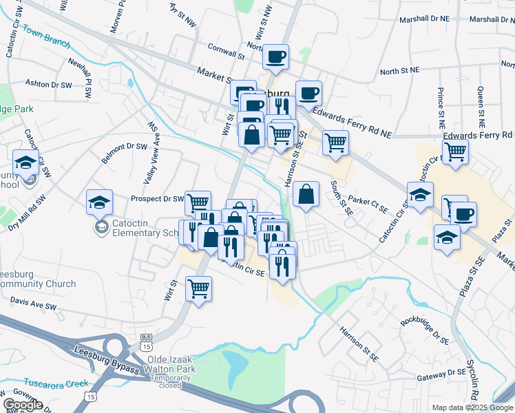 map of restaurants, bars, coffee shops, grocery stores, and more near 414 Madison Court Southeast in Leesburg