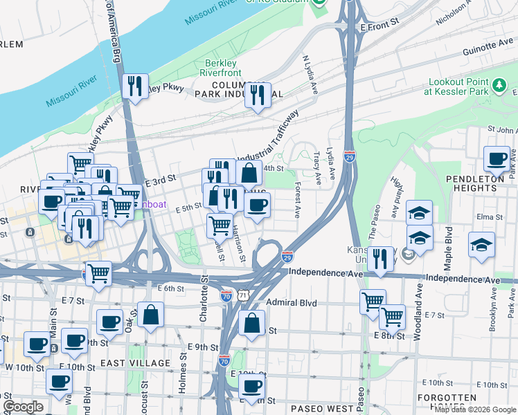 map of restaurants, bars, coffee shops, grocery stores, and more near 527 Gillis Street in Kansas City