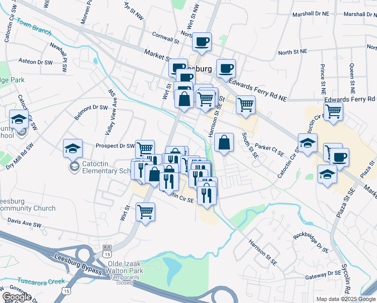 map of restaurants, bars, coffee shops, grocery stores, and more near 414 Madison Court Southeast in Leesburg