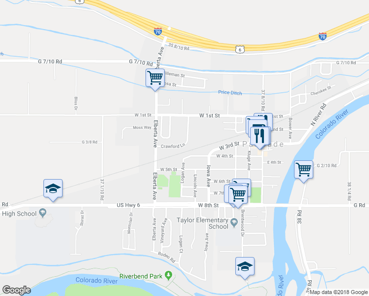 map of restaurants, bars, coffee shops, grocery stores, and more near 232 Crawford Lane in Palisade