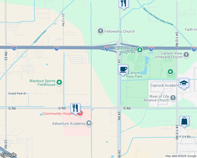 map of restaurants, bars, coffee shops, grocery stores, and more near 724 23 1/2 Road in Grand Junction