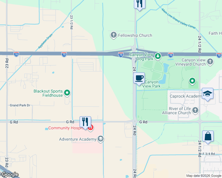 map of restaurants, bars, coffee shops, grocery stores, and more near 724 23 1/2 Road in Grand Junction