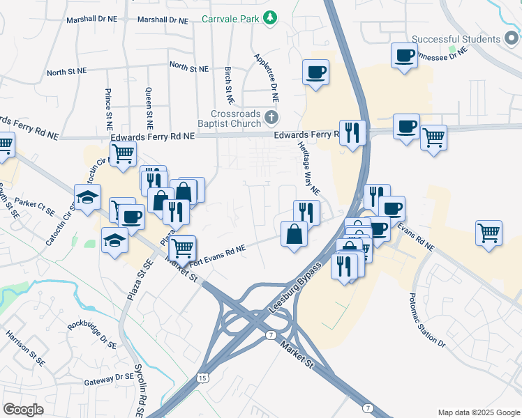 map of restaurants, bars, coffee shops, grocery stores, and more near 230 Meadows Lane Northeast in Leesburg