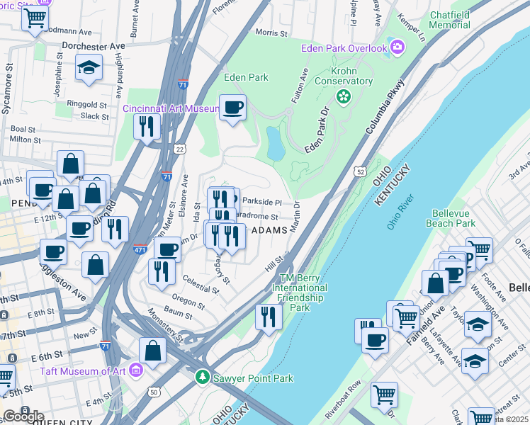 map of restaurants, bars, coffee shops, grocery stores, and more near in Cincinnati