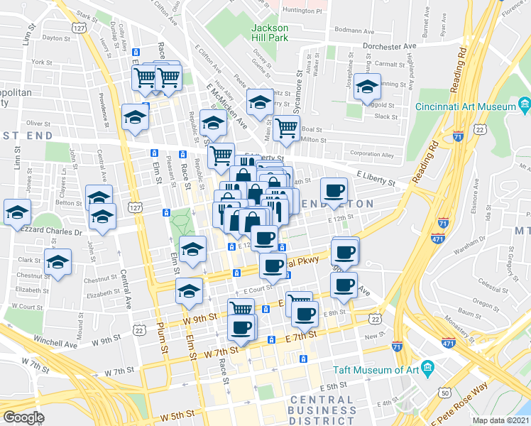 map of restaurants, bars, coffee shops, grocery stores, and more near 1232 Walnut Street in Cincinnati