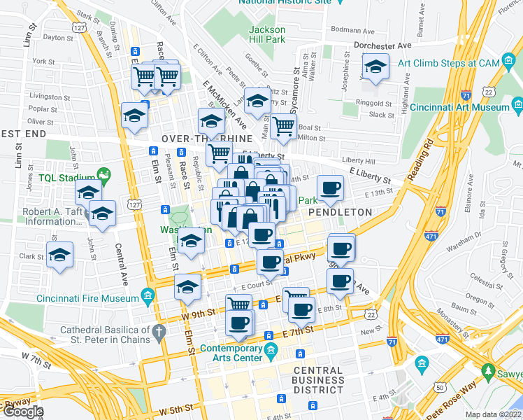 map of restaurants, bars, coffee shops, grocery stores, and more near 1232 Walnut Street in Cincinnati