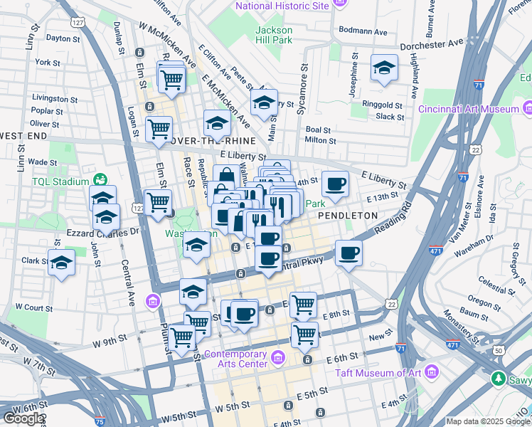 map of restaurants, bars, coffee shops, grocery stores, and more near 1232 Walnut Street in Cincinnati