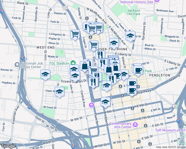 map of restaurants, bars, coffee shops, grocery stores, and more near in Cincinnati