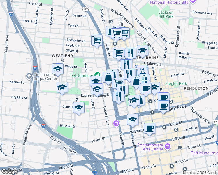 map of restaurants, bars, coffee shops, grocery stores, and more near in Cincinnati