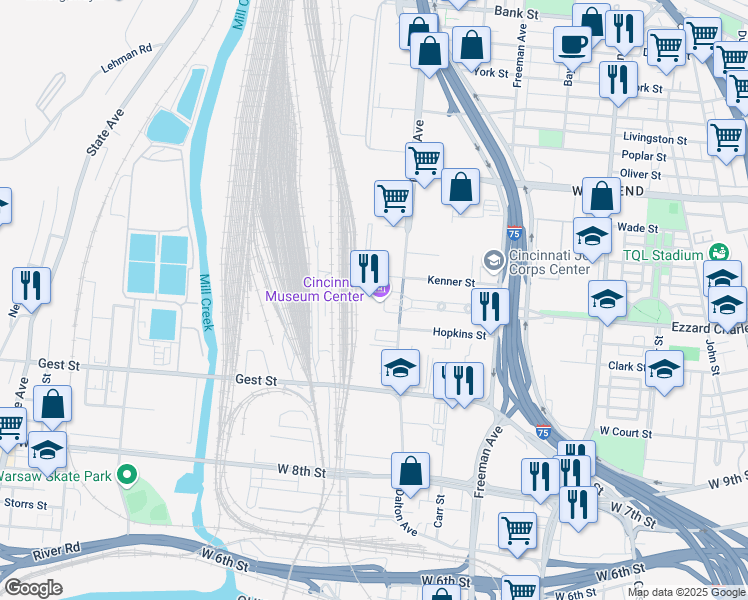 map of restaurants, bars, coffee shops, grocery stores, and more near 1301 Western Avenue in Cincinnati