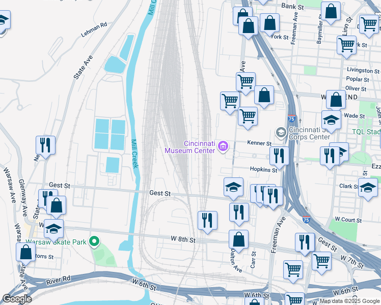 map of restaurants, bars, coffee shops, grocery stores, and more near in Cincinnati