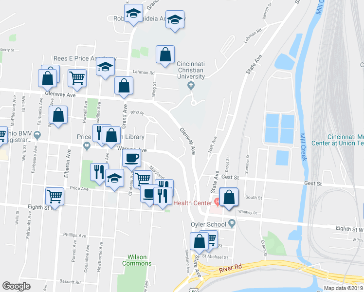 map of restaurants, bars, coffee shops, grocery stores, and more near 2500 Warsaw Avenue in Cincinnati