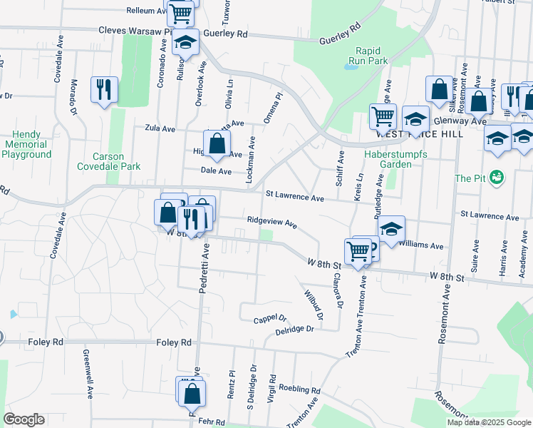 map of restaurants, bars, coffee shops, grocery stores, and more near 4359 Ridgeview Avenue in Cincinnati