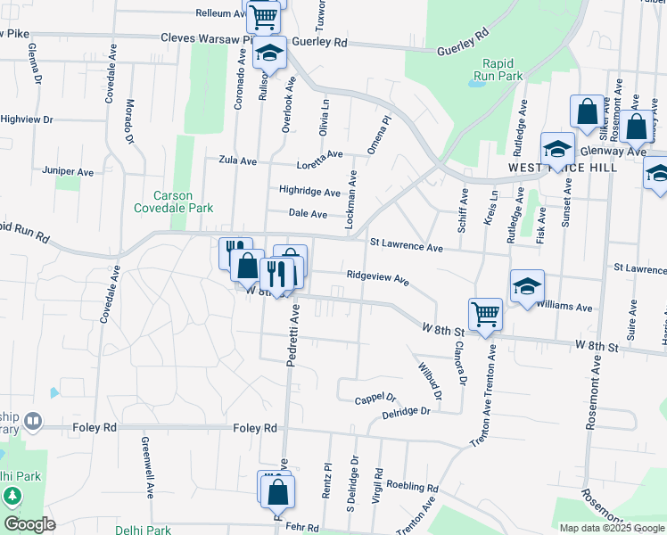 map of restaurants, bars, coffee shops, grocery stores, and more near 4445 Ridgeview Avenue in Cincinnati