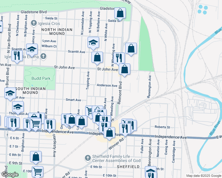 map of restaurants, bars, coffee shops, grocery stores, and more near 323 South Wheeling Avenue in Kansas City