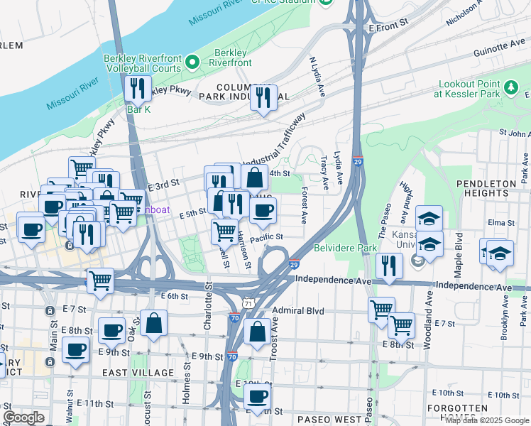 map of restaurants, bars, coffee shops, grocery stores, and more near 527 Gillis Street in Kansas City